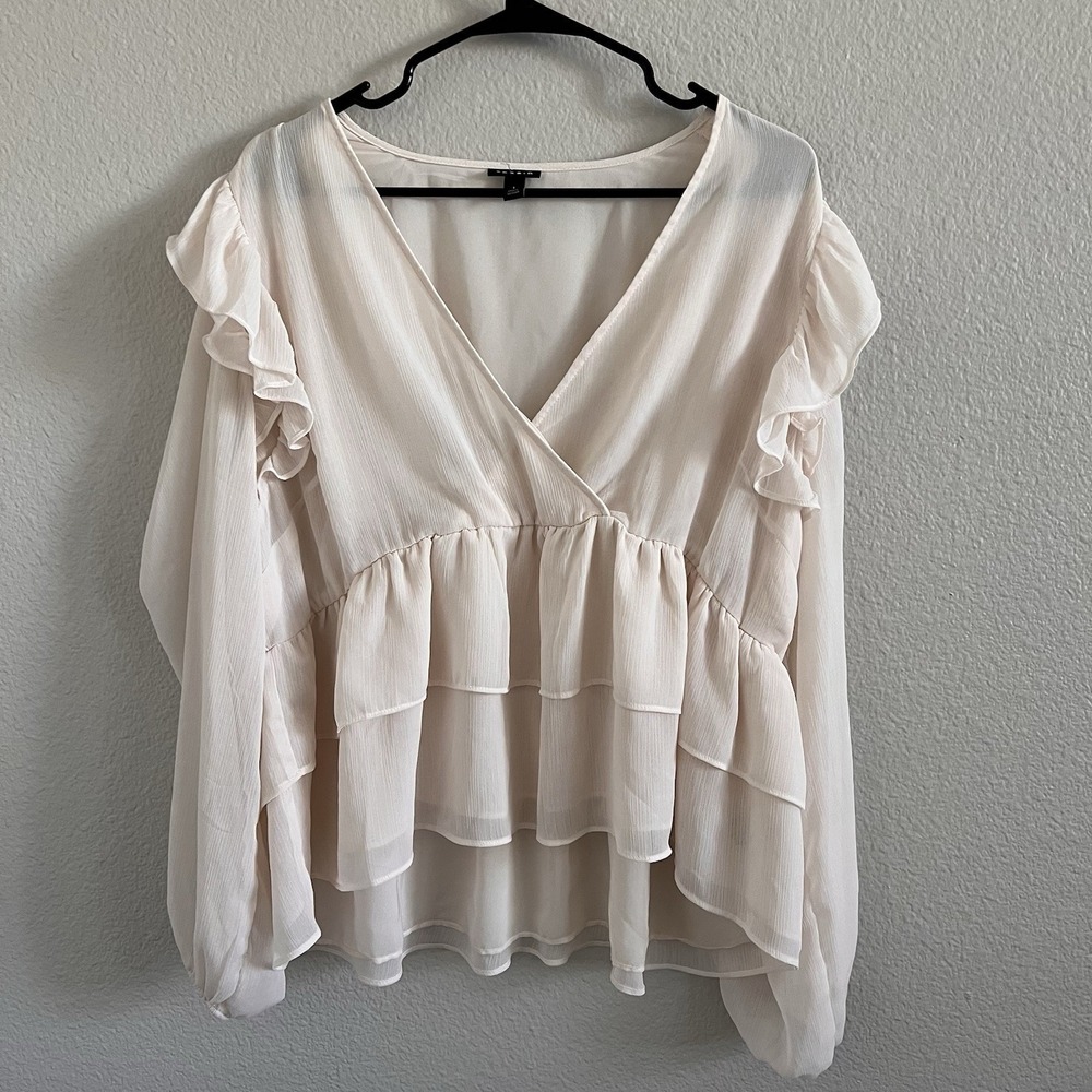 Women's 1X 14 16 Ivory Ruffle Blouse Sheer Long Sleeve Feminine Romantic Tiered